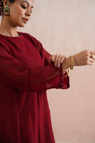 Maroon Mul chanderi pearl and jewels embroidered Suit