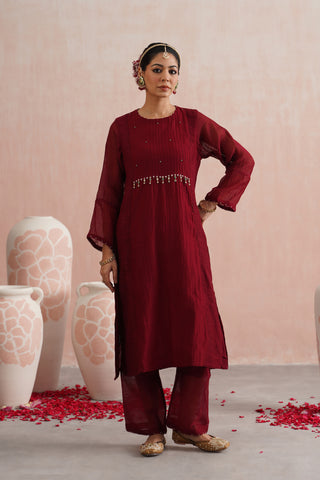 Maroon Mul chanderi pearl and jewels embroidered Suit