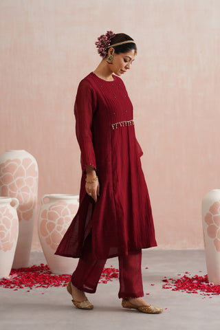 Maroon Mul chanderi pearl and jewels embroidered Suit