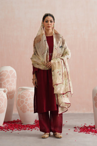 Maroon Mul chanderi pearl and jewels embroidered Suit
