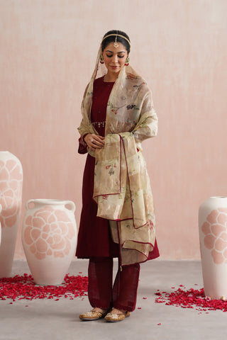 Maroon Mul chanderi pearl and jewels embroidered Suit