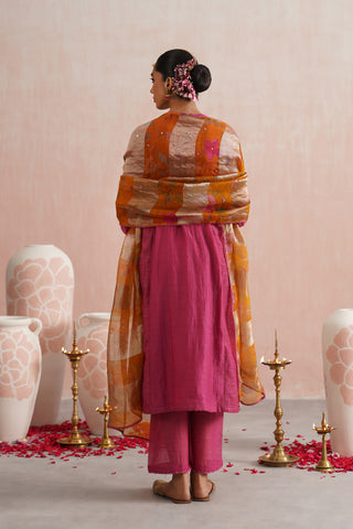 Fuchsia Mul chanderi pearl and jewels embroidered kurta paired with cotton chanderi pants and tissue organza embroidered dupatta - Set of 3