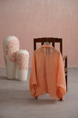 Peach Mul Chanderi Pearl Embroidered Kimono Pant Set