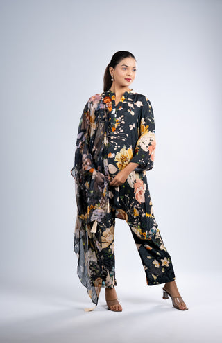 Midnight Black Floral Printed Kurta Set