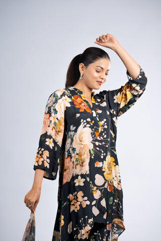 Midnight Black Floral Printed Kurta Set