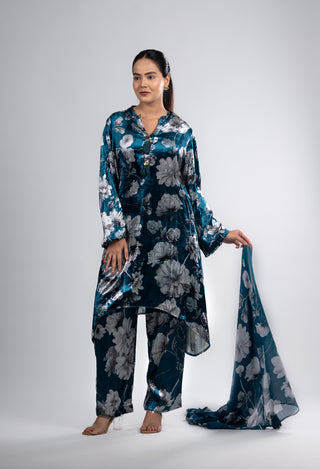Midnight Teal Velvet Floral Suit