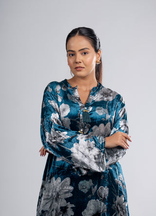 Midnight Teal Velvet Floral Suit