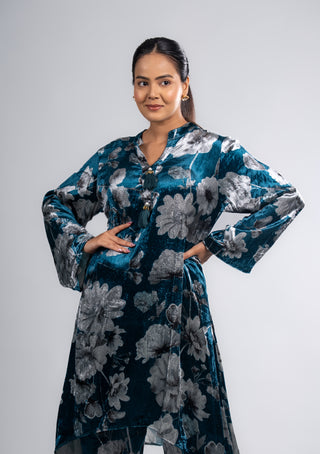 Midnight Teal Velvet Floral Suit