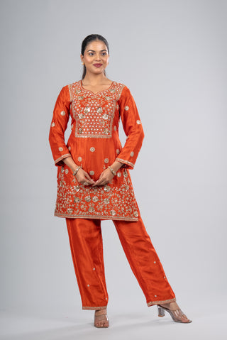 Fiery Orange Embroidered Kurta Set