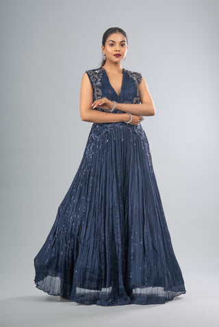 Midnight Sapphire Pleated Gown