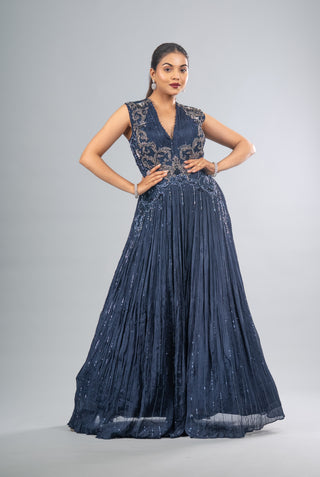 Midnight Sapphire Pleated Gown