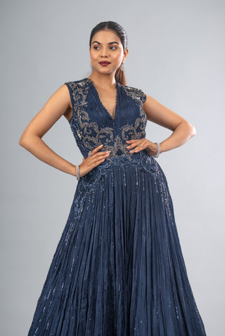 Midnight Sapphire Pleated Gown