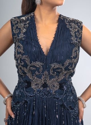 Midnight Sapphire Pleated Gown