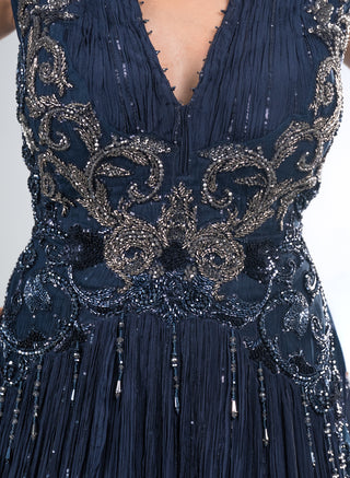 Midnight Sapphire Pleated Gown