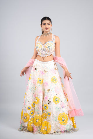 Blush Ivory Floral Embellished Lehenga with Tulle Dupatta