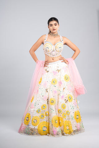 Blush Ivory Floral Embellished Lehenga with Tulle Dupatta
