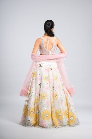 Blush Ivory Floral Embellished Lehenga with Tulle Dupatta