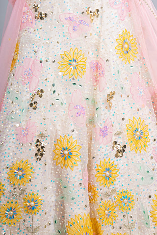 Blush Ivory Floral Embellished Lehenga with Tulle Dupatta