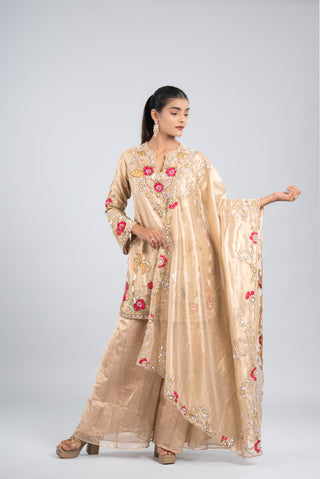 Champagne Beige Hand-Embroidered Kurta Palazzo Set