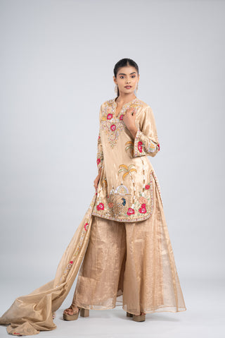 Champagne Beige Hand-Embroidered Kurta Palazzo Set