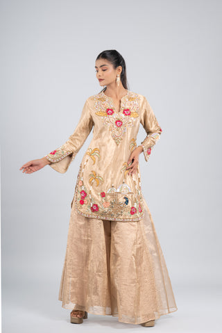 Champagne Beige Hand-Embroidered Kurta Palazzo Set
