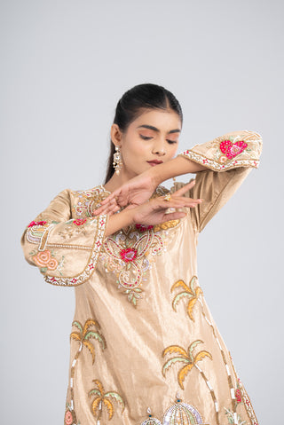 Champagne Beige Hand-Embroidered Kurta Palazzo Set