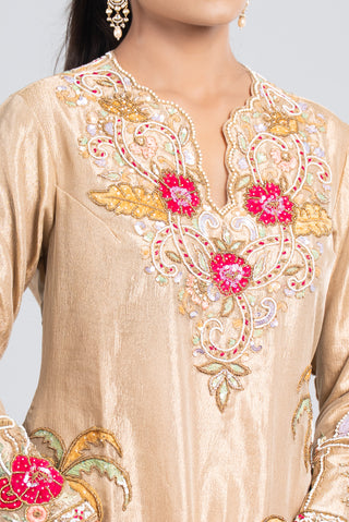 Champagne Beige Hand-Embroidered Kurta Palazzo Set