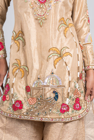 Champagne Beige Hand-Embroidered Kurta Palazzo Set