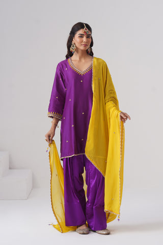 Purple zardozi embroidered chanderi silk kurta set