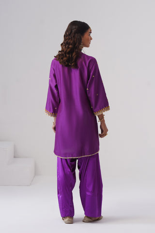 Purple zardozi embroidered chanderi silk kurta set