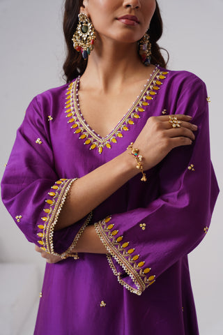Purple zardozi embroidered chanderi silk kurta set