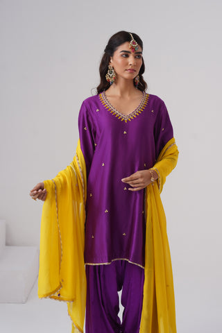 Purple zardozi embroidered chanderi silk kurta set