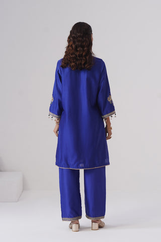 Electric blue zardozi embroidered chanderi silk kurta set