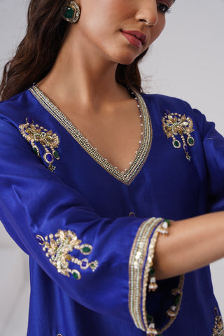 Electric blue zardozi embroidered chanderi silk kurta set