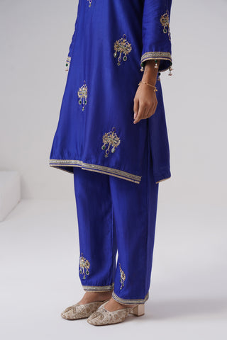 Electric blue zardozi embroidered chanderi silk kurta set