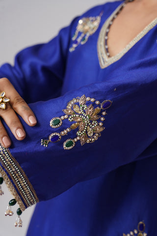 Electric blue zardozi embroidered chanderi silk kurta set