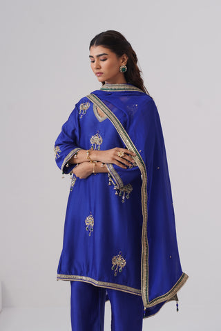 Electric blue zardozi embroidered chanderi silk kurta set
