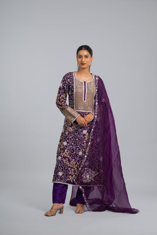 Royal Purple Embroidered Straight Kurta Set