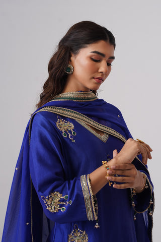 Electric blue zardozi embroidered chanderi silk kurta set