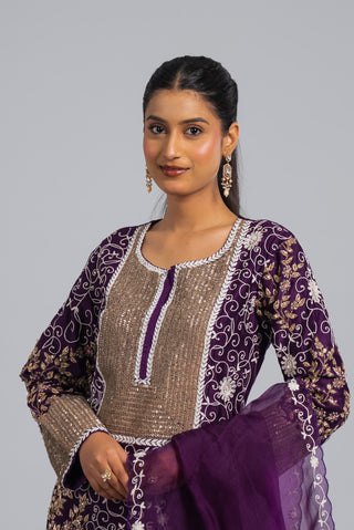Royal Purple Embroidered Straight Kurta Set