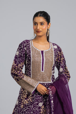 Royal Purple Embroidered Straight Kurta Set