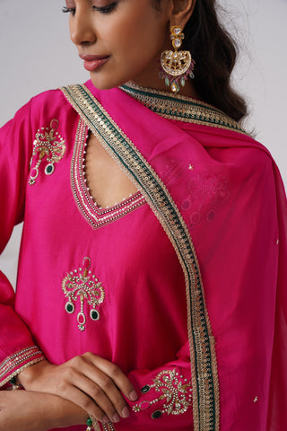 Hot pink zardozi embroidered chanderi silk kurta set