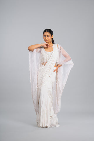 Draped Saree Set with Embellished Cape Blouse