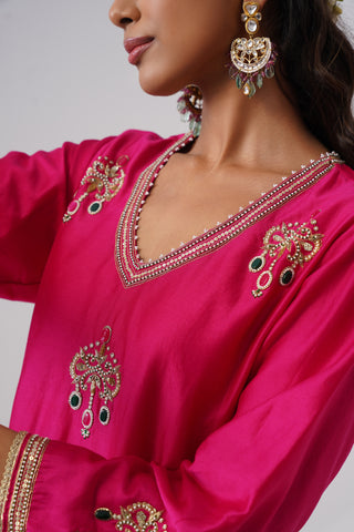Hot pink zardozi embroidered chanderi silk kurta set