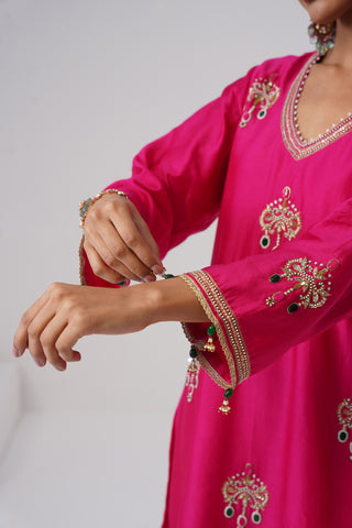Hot pink zardozi embroidered chanderi silk kurta set