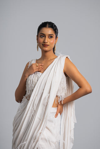 Draped Saree Set with Embellished Cape Blouse