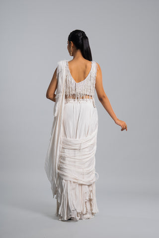 Draped Saree Set with Embellished Cape Blouse