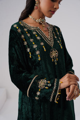 Emerald zardozi embroidered velvet kurta paired with yellow velvet pants and embroidered tissue chanderi stripe dupatta