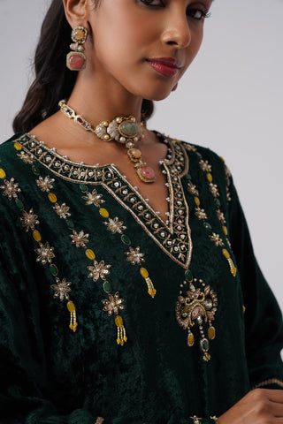 Emerald zardozi embroidered velvet kurta paired with yellow velvet pants and embroidered tissue chanderi stripe dupatta