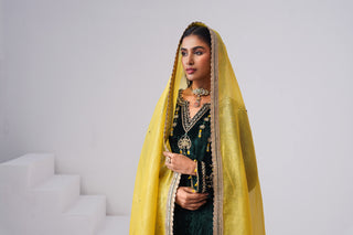 Emerald zardozi embroidered velvet kurta paired with yellow velvet pants and embroidered tissue chanderi stripe dupatta
